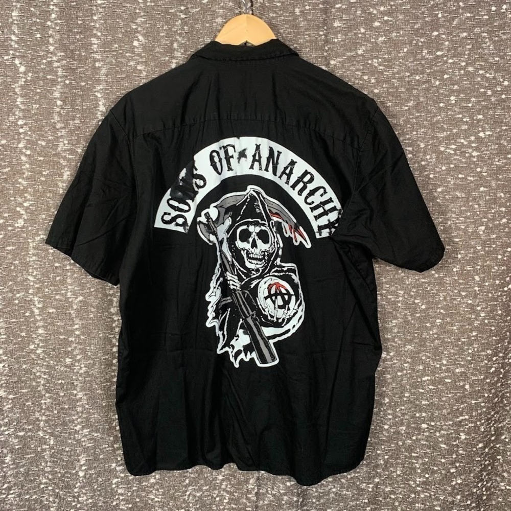 Sons of Anarchy Black Button Up Shirt Short Sleeve Biker Reaper Patch Men's XL - Picture 6 of 8